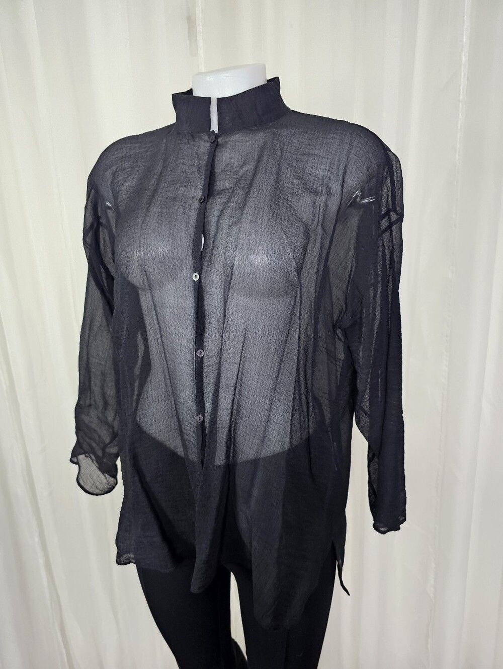 Eileen Fisher Black Sheer Mandarin Collar Button Down Tunic Blouse Large Petite